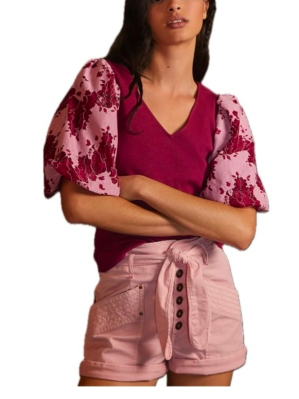 Dolan Left Coast Anthropologie Mixed Media Lace Puff Sleeve Top Burgundy Size S